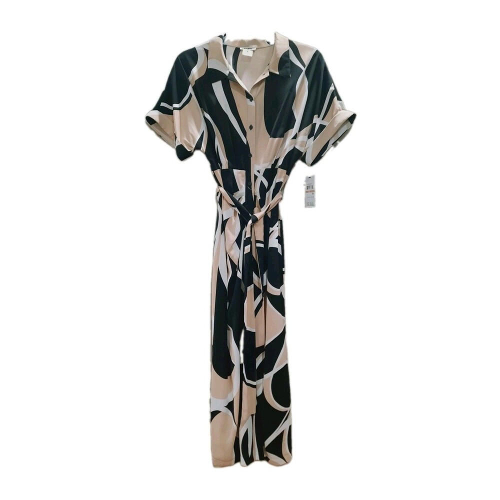 DKNY Abstract Geo Print Midi Shirt Dress Neutral Earthy Mod Retro Chic Size 12 - Picture 6 of 12